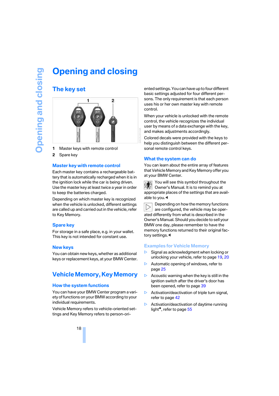 Opening and closing, The key set, Vehicle memory, key memory | BMW Z4 Coupe 2006 User Manual | Page 20 / 128