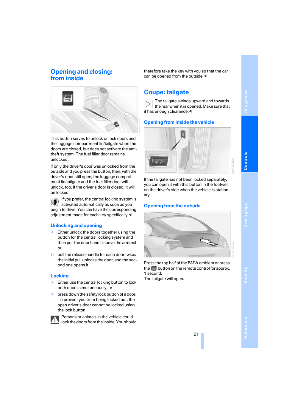Opening and closing: from inside, Coupe: tailgate | BMW Z4 Coupe 2006 User Manual | Page 23 / 128