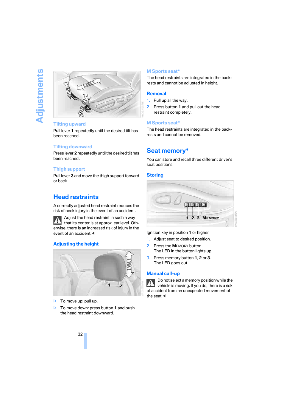 Head restraints, Seat memory, Adju stmen ts | BMW Z4 Coupe 2006 User Manual | Page 34 / 128