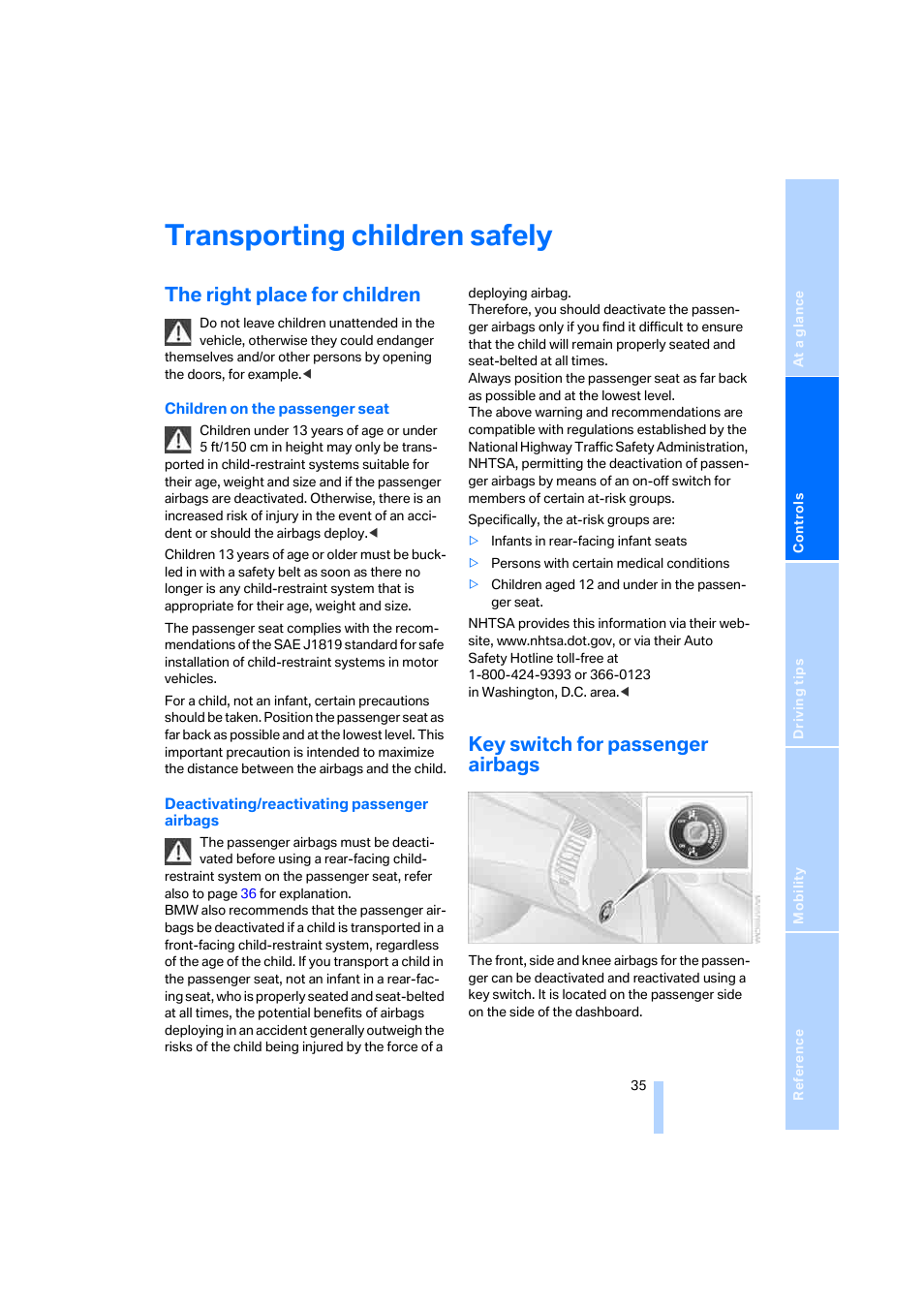 Transporting children safely, The right place for children, Key switch for passenger airbags | BMW Z4 Coupe 2006 User Manual | Page 37 / 128