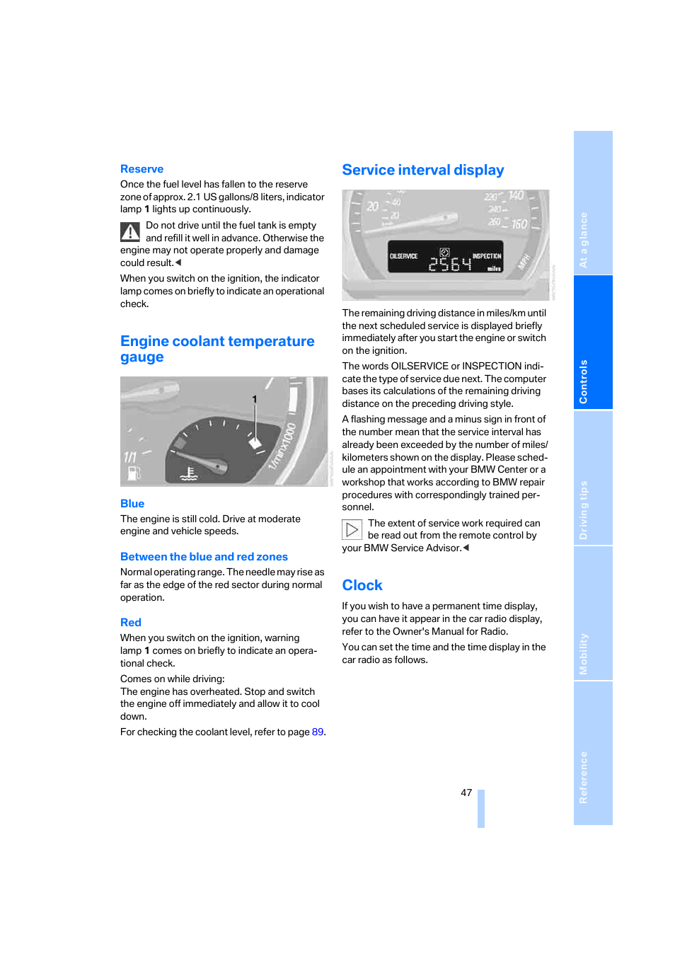 Engine coolant temperature gauge, Service interval display, Clock | BMW Z4 Coupe 2006 User Manual | Page 49 / 128