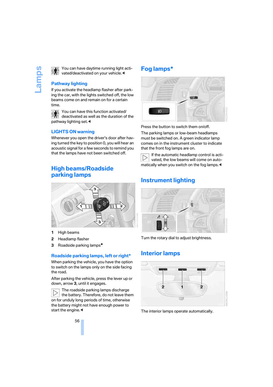 High beams/roadside parking lamps, Fog lamps, Instrument lighting | Interior lamps, La mp s | BMW Z4 Coupe 2006 User Manual | Page 58 / 128