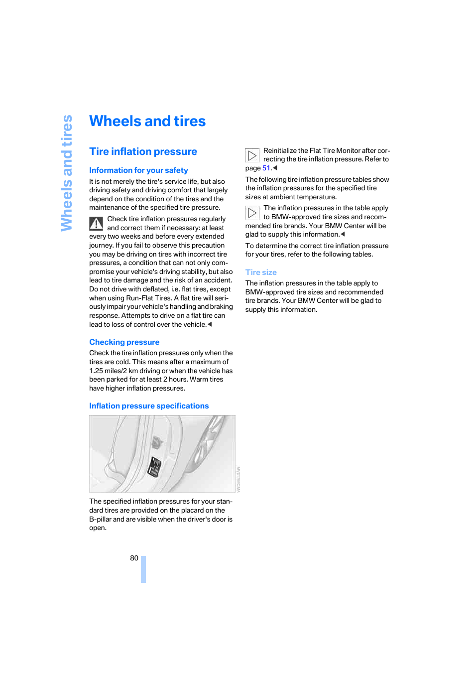 Wheels and tires, Tire inflation pressure, Wh eels and tire s | BMW Z4 Coupe 2006 User Manual | Page 82 / 128