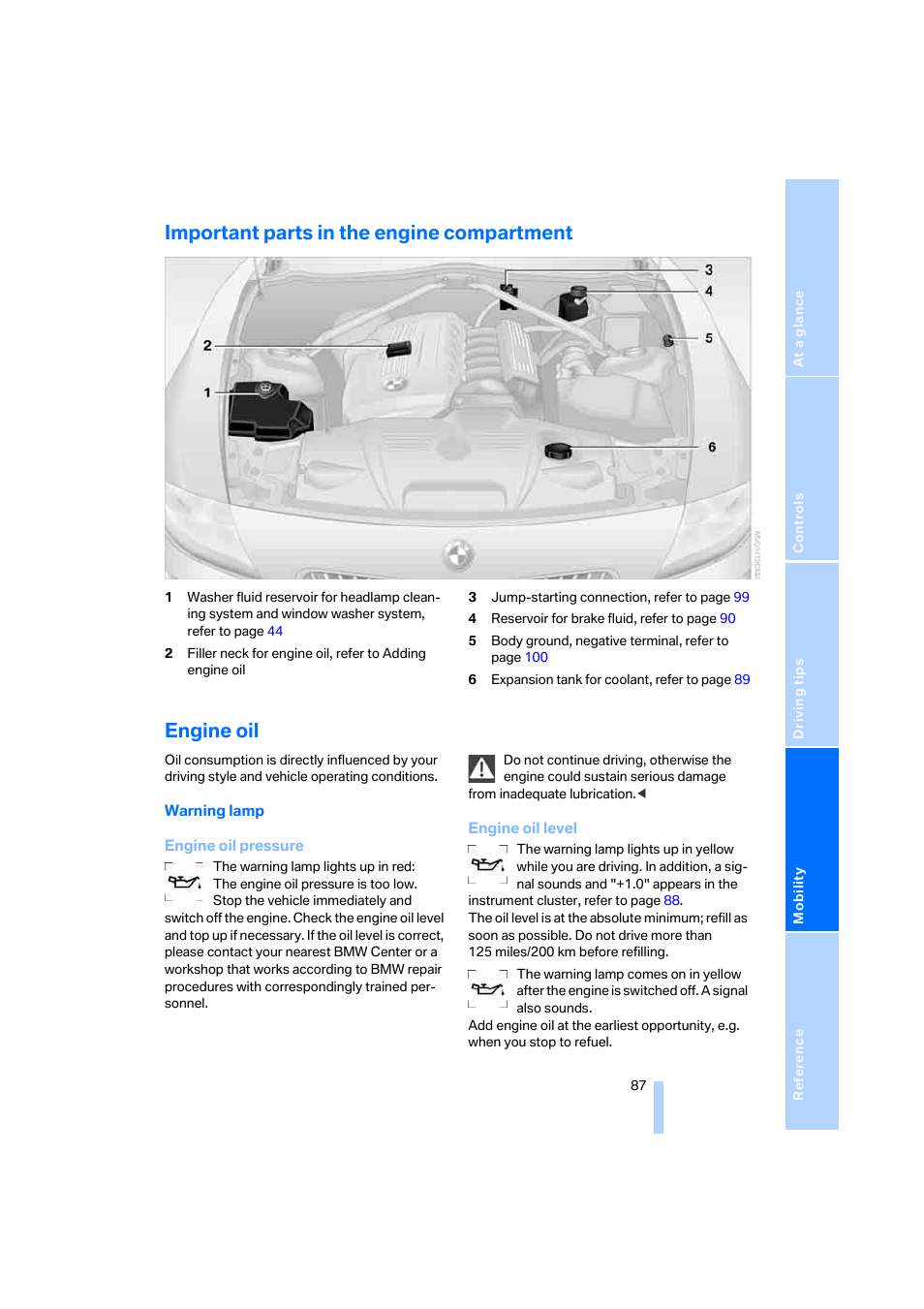 Important parts in the engine compartment, Engine oil | BMW Z4 Coupe 2006 User Manual | Page 89 / 128