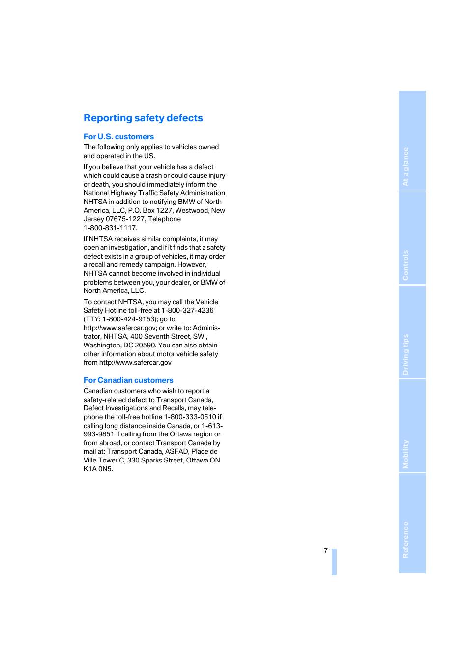 Reporting safety defects | BMW Z4 Coupe 2006 User Manual | Page 9 / 128