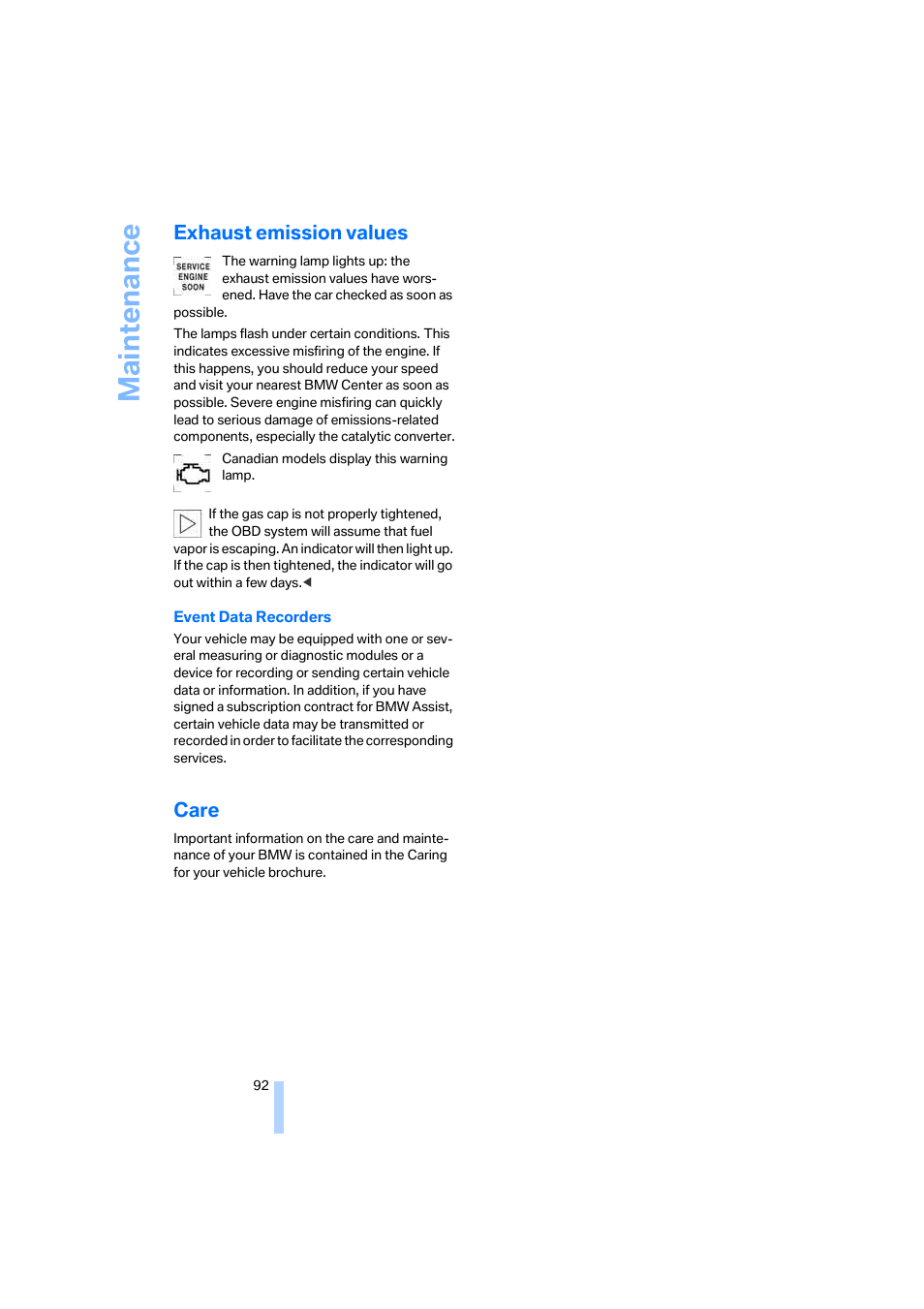 Exhaust emission values, Care, Maintenance | BMW Z4 Coupe 2006 User Manual | Page 94 / 128