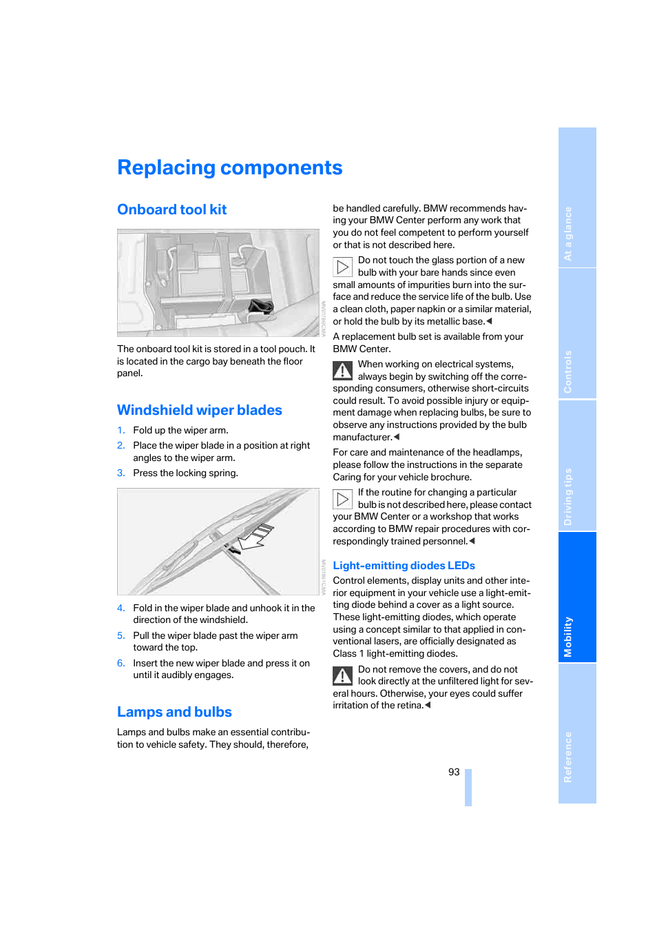 Replacing components, Onboard tool kit, Windshield wiper blades | Lamps and bulbs | BMW Z4 Coupe 2006 User Manual | Page 95 / 128