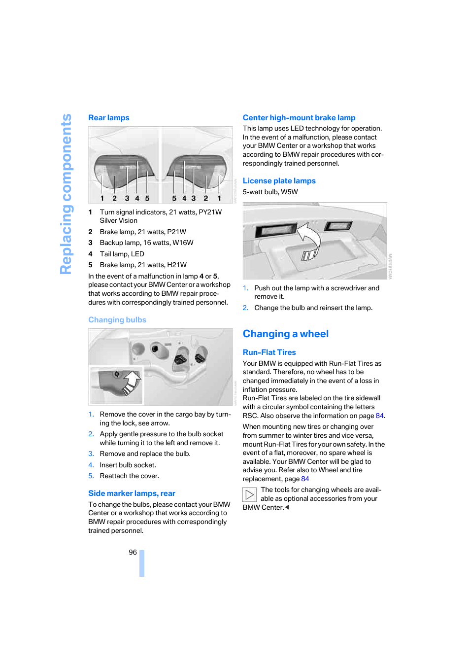 Changing a wheel, Replacing components | BMW Z4 Coupe 2006 User Manual | Page 98 / 128