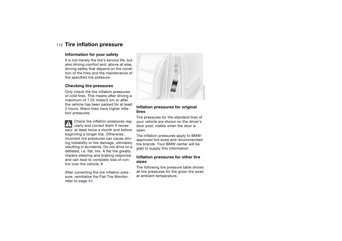 Wheels and tires, Tire inflation pressure | BMW M3 Coupe 2006 User Manual | Page 112 / 170