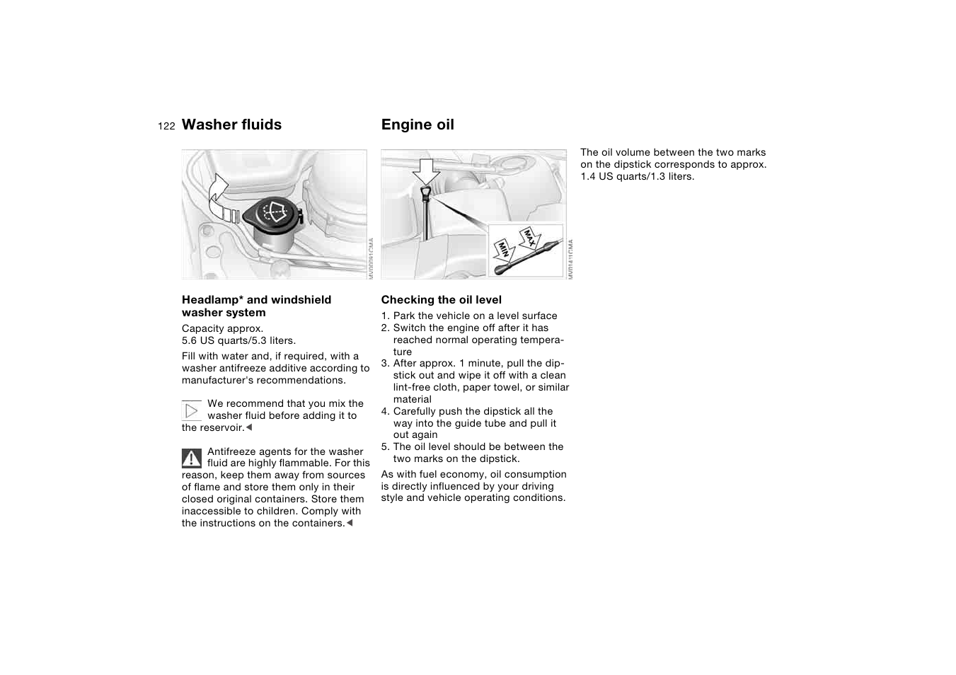 Washer fluids, Engine oil | BMW M3 Coupe 2006 User Manual | Page 122 / 170