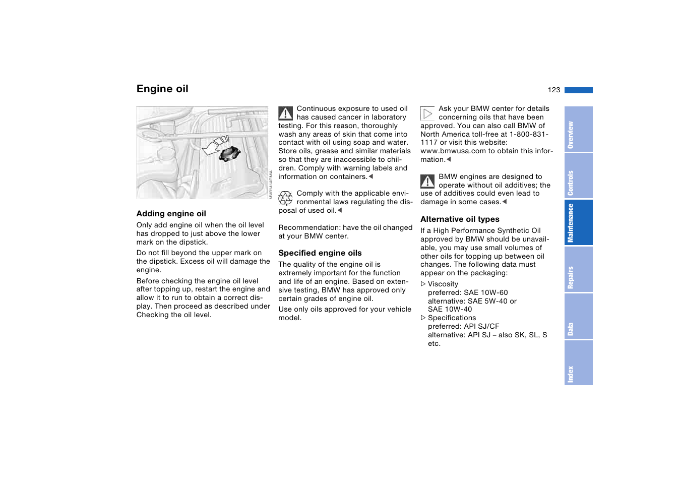 Engine oil filler neck, Engine oil | BMW M3 Coupe 2006 User Manual | Page 123 / 170