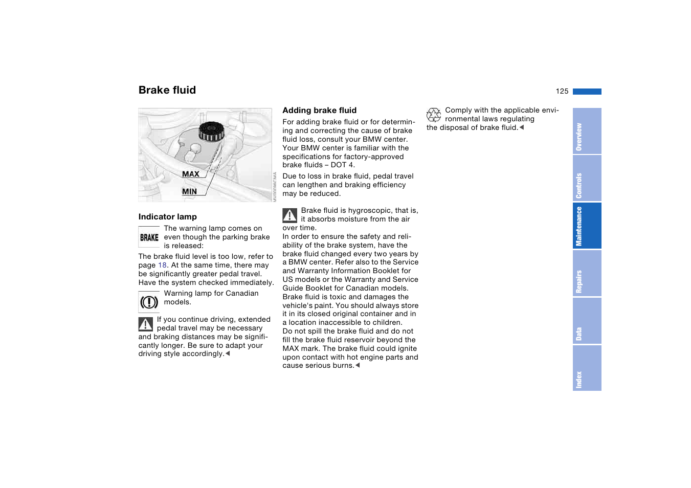 Brake fluid, Before driving on | BMW M3 Coupe 2006 User Manual | Page 125 / 170