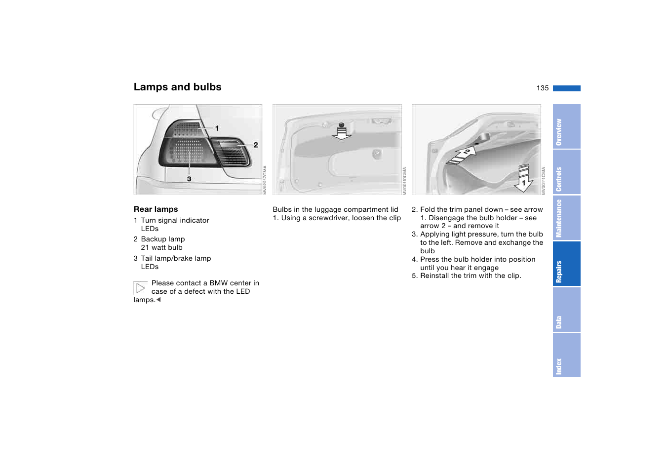 Lamps and bulbs | BMW M3 Coupe 2006 User Manual | Page 135 / 170