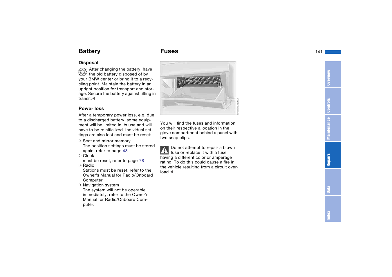 Fuses, Battery | BMW M3 Coupe 2006 User Manual | Page 141 / 170