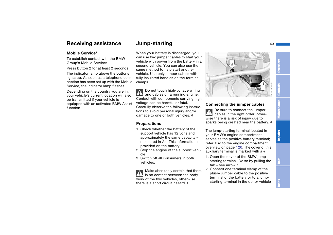 Jump-starting, Mobile service, Receiving assistance | BMW M3 Coupe 2006 User Manual | Page 143 / 170
