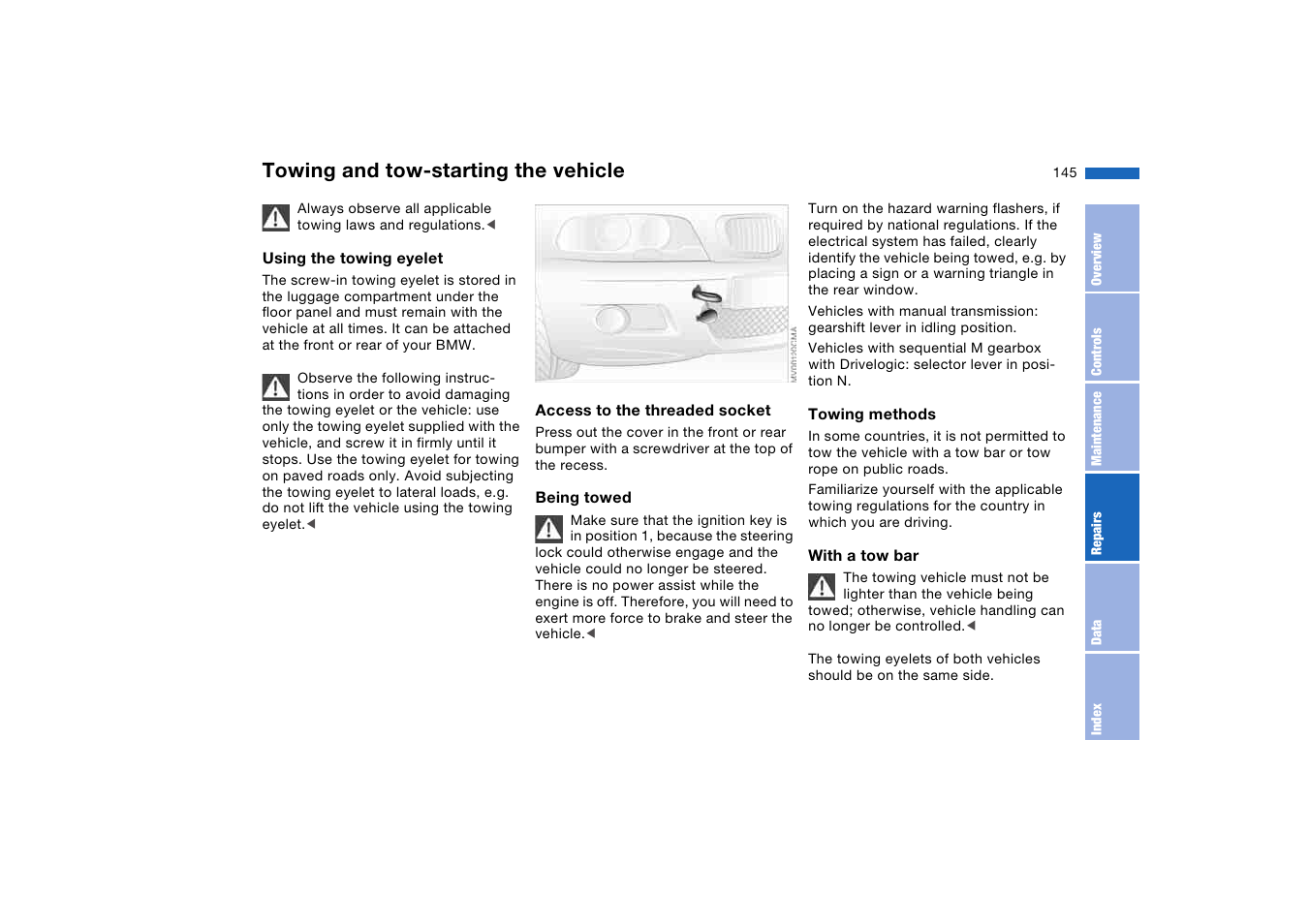 Towing and tow-starting the vehicle, Towing and tow-starting the, Vehicle | BMW M3 Coupe 2006 User Manual | Page 145 / 170