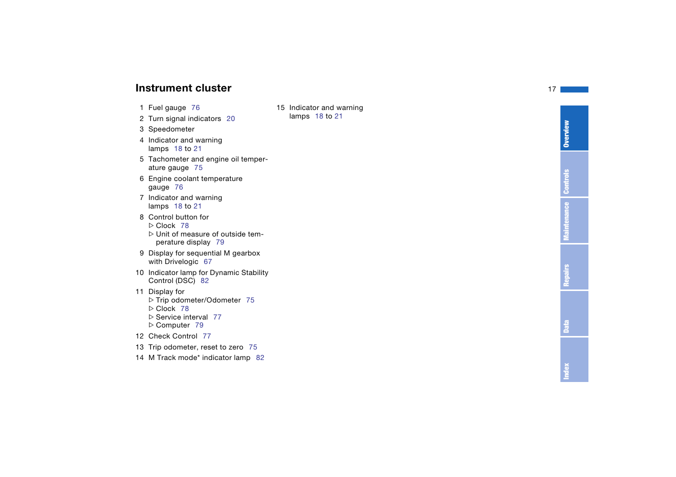 Instrument cluster | BMW M3 Coupe 2006 User Manual | Page 17 / 170