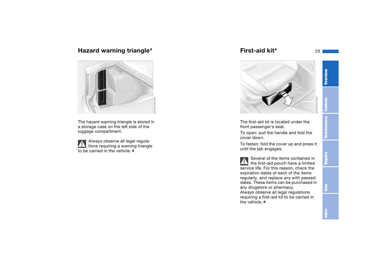 Hazard warning triangle, First-aid kit | BMW M3 Coupe 2006 User Manual | Page 23 / 170