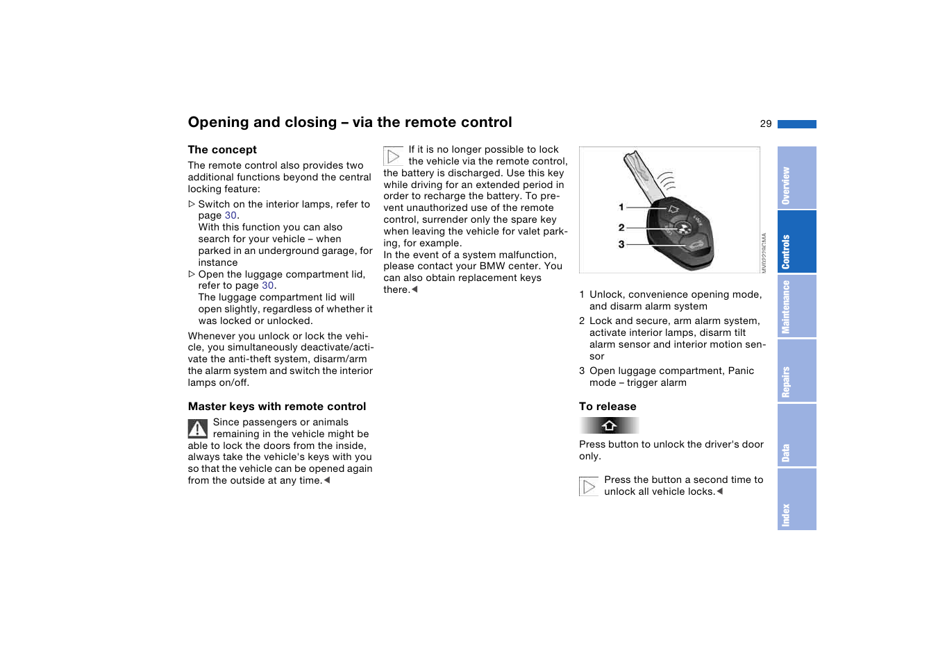 Opening and closing – via the remote control, Opening and closing – via the, Remote control | BMW M3 Coupe 2006 User Manual | Page 29 / 170