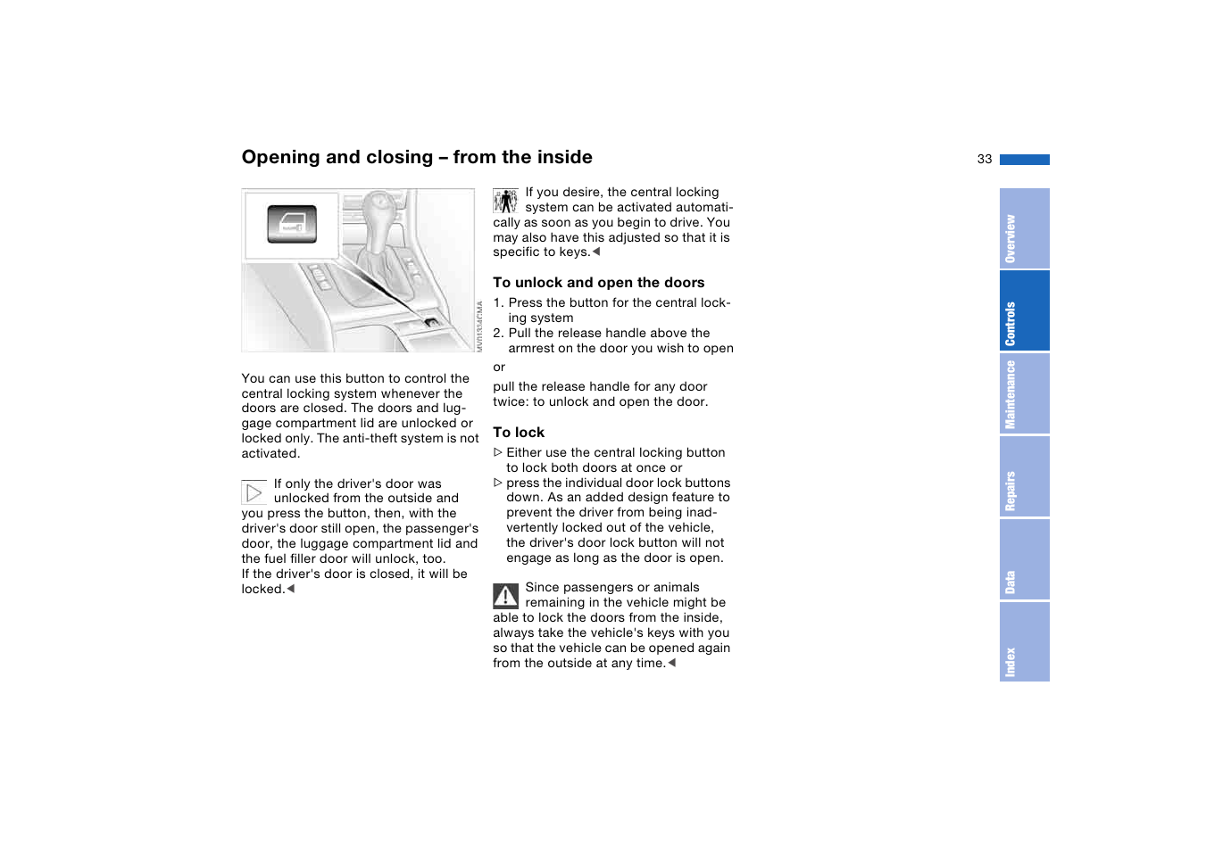 Opening and closing – from the inside, Opening and closing – from the, Inside | BMW M3 Coupe 2006 User Manual | Page 33 / 170