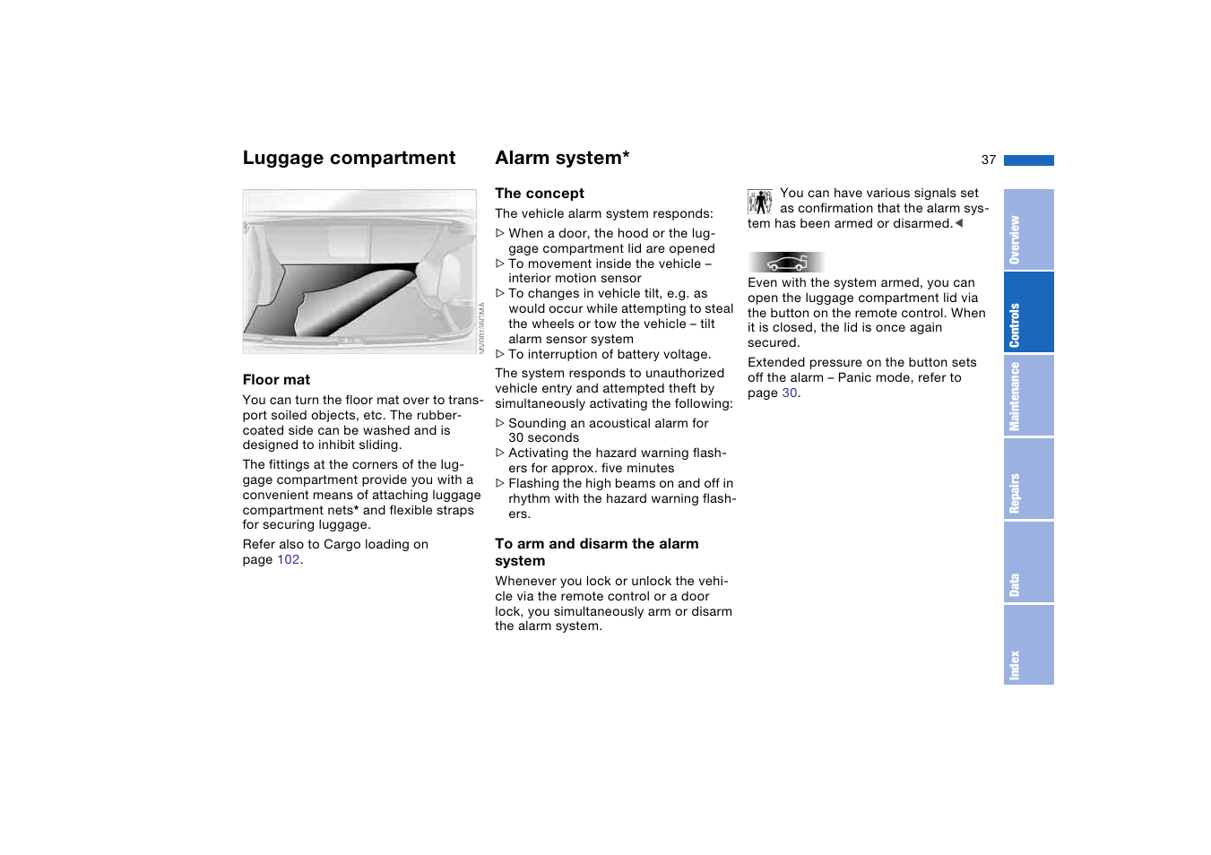 Alarm system, Luggage compartment | BMW M3 Coupe 2006 User Manual | Page 37 / 170