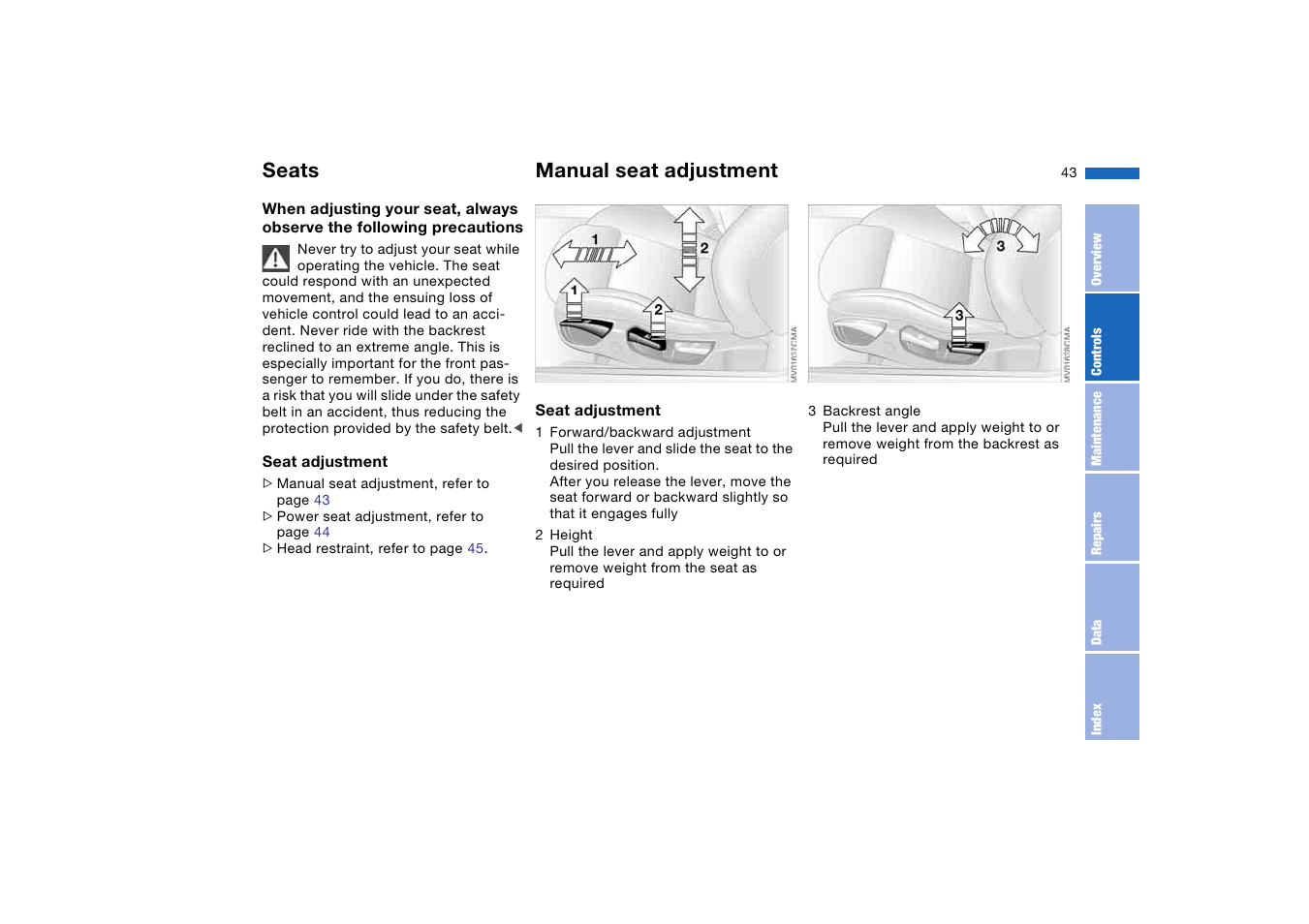 Seats, Manual seat adjustment | BMW M3 Coupe 2006 User Manual | Page 43 / 170