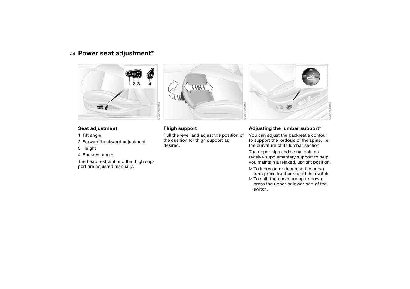 Power seat adjustment | BMW M3 Coupe 2006 User Manual | Page 44 / 170