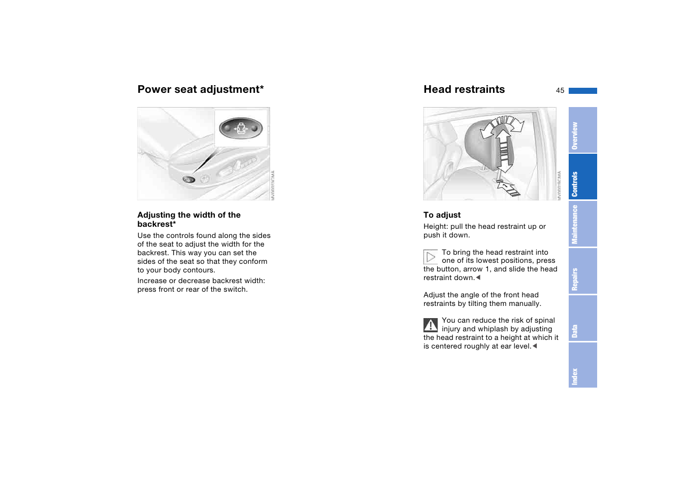 Head restraints, Power seat adjustment | BMW M3 Coupe 2006 User Manual | Page 45 / 170