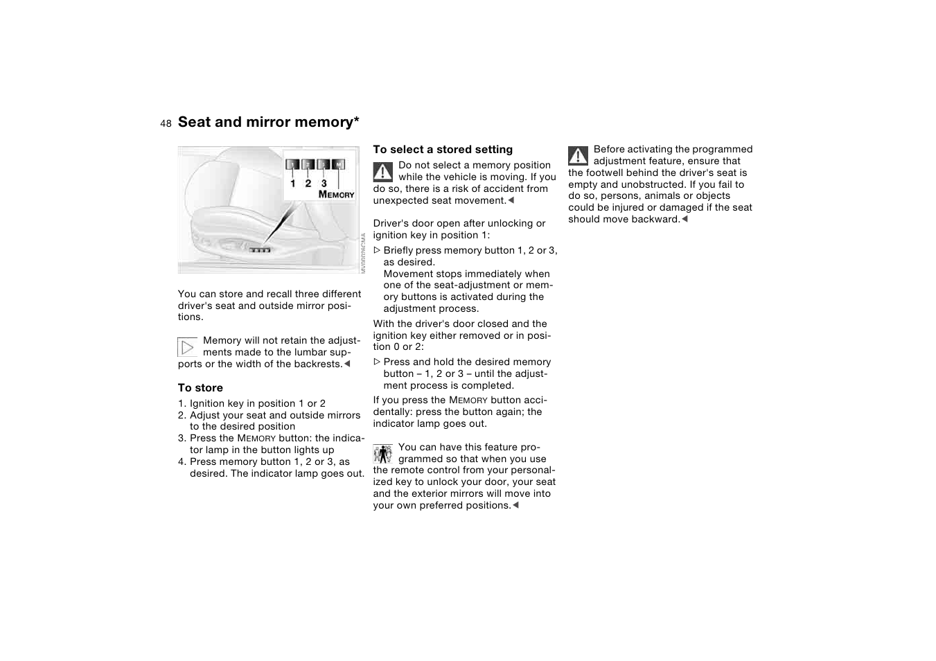 Seat and mirror memory | BMW M3 Coupe 2006 User Manual | Page 48 / 170