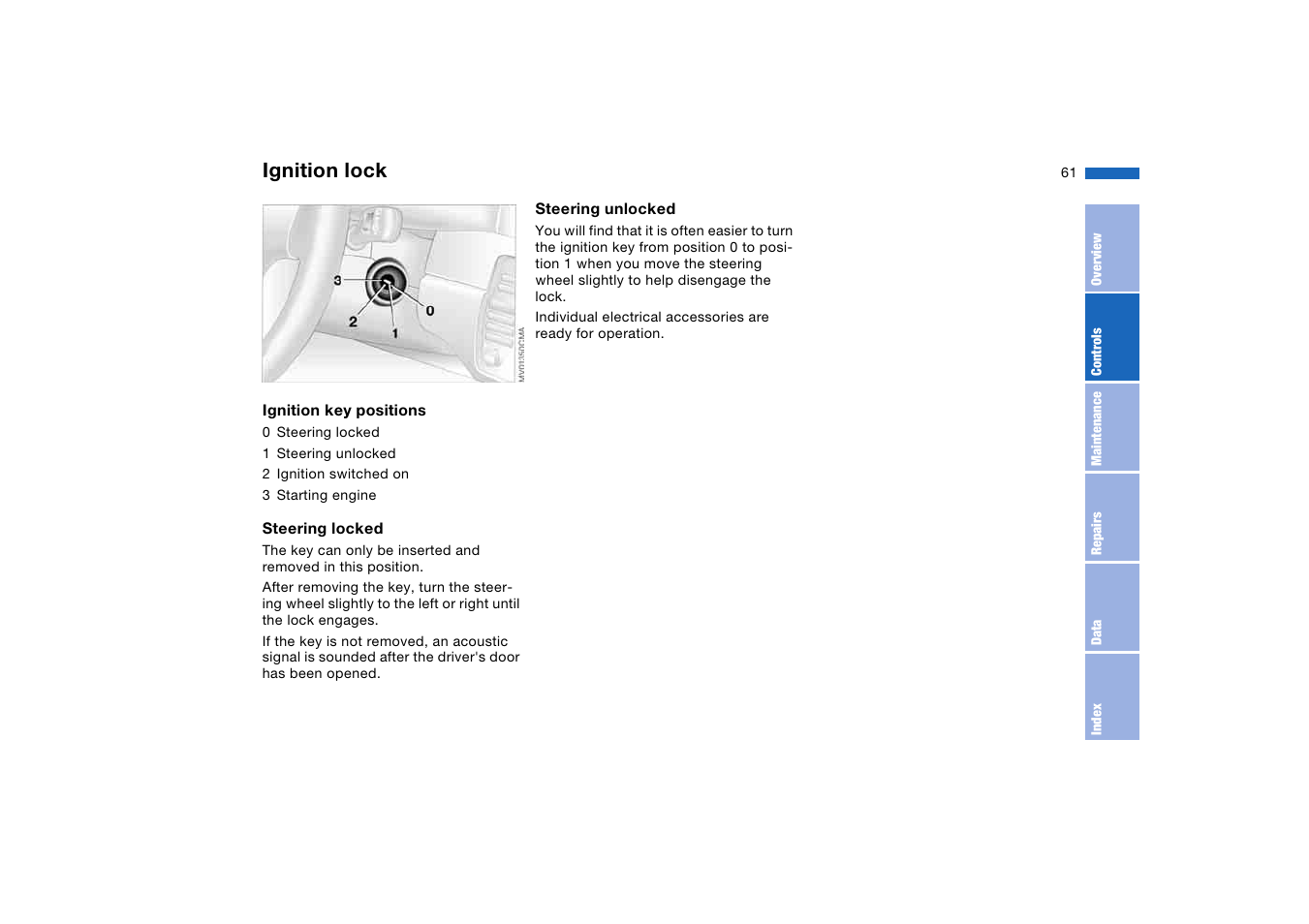 Driving, Ignition lock | BMW M3 Coupe 2006 User Manual | Page 61 / 170