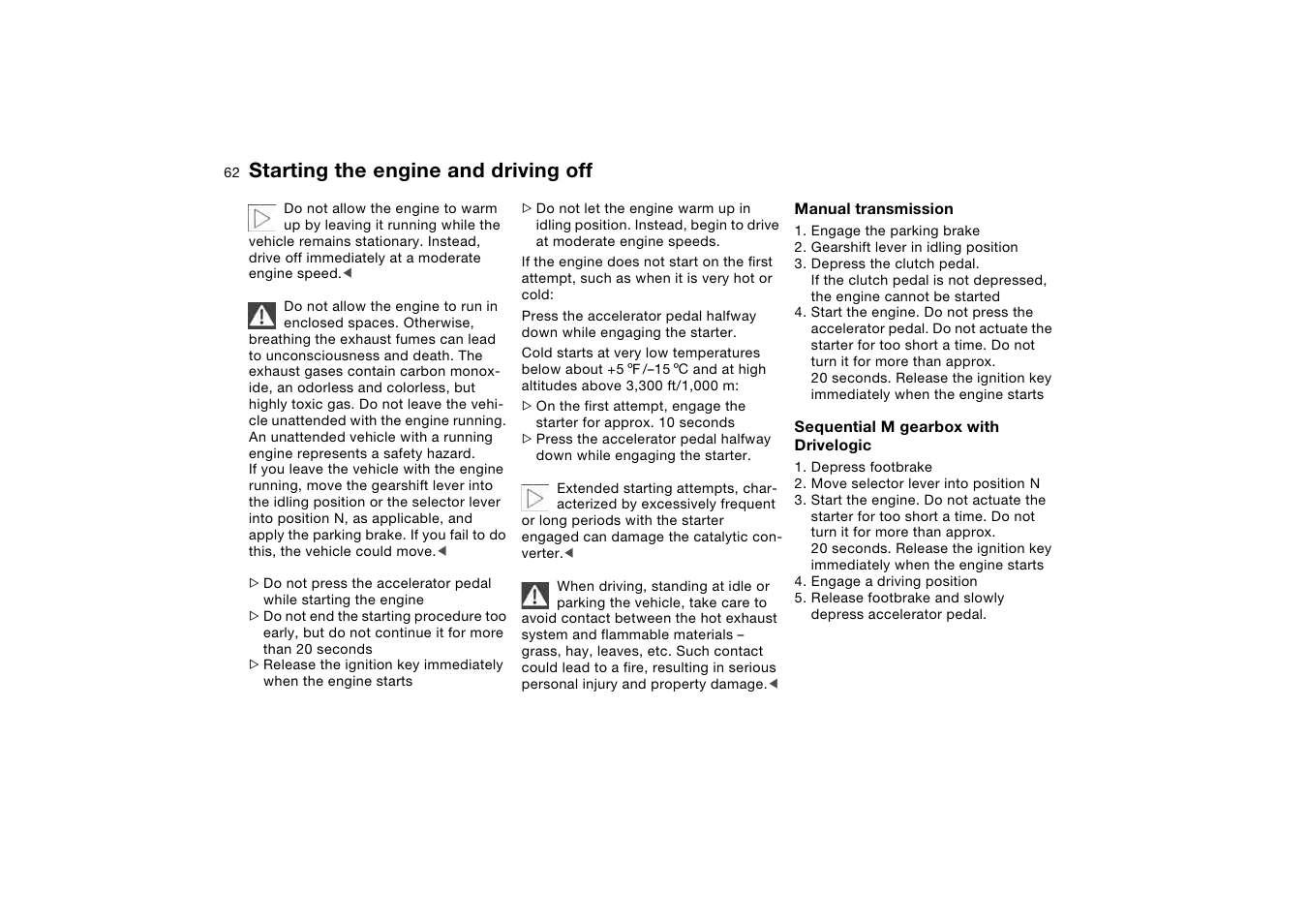 Starting the engine and driving off, Starting the engine and driving | BMW M3 Coupe 2006 User Manual | Page 62 / 170