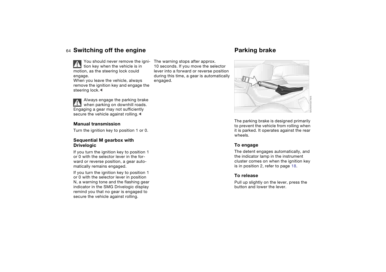 Switching off the engine, Parking brake | BMW M3 Coupe 2006 User Manual | Page 64 / 170