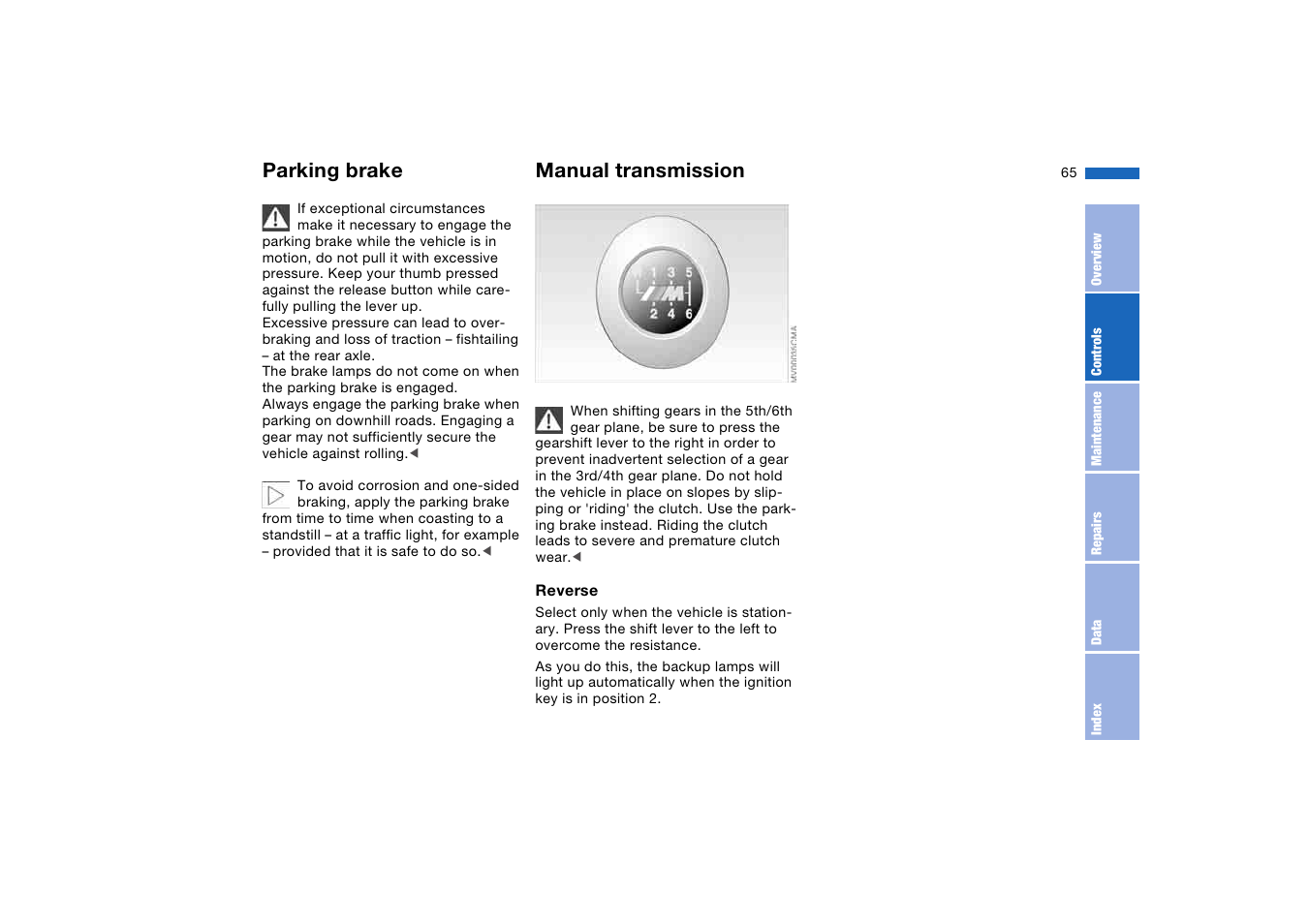 Manual transmission, Parking brake | BMW M3 Coupe 2006 User Manual | Page 65 / 170