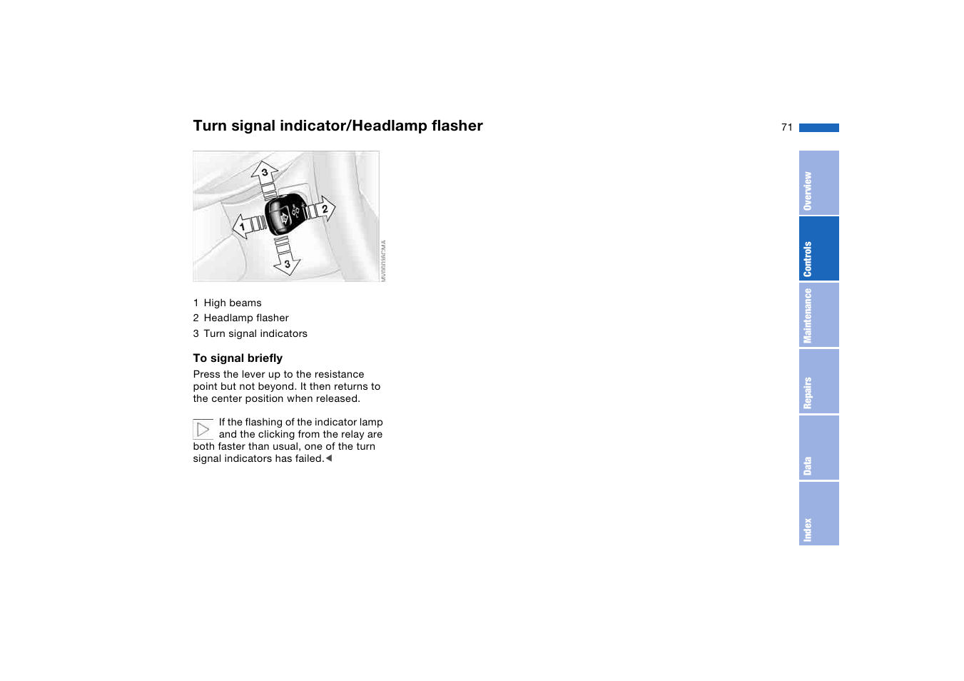 Turn signal indicator/headlamp flasher, Turn signal indicator/headlamp, Flasher | Turn signal indicators | BMW M3 Coupe 2006 User Manual | Page 71 / 170