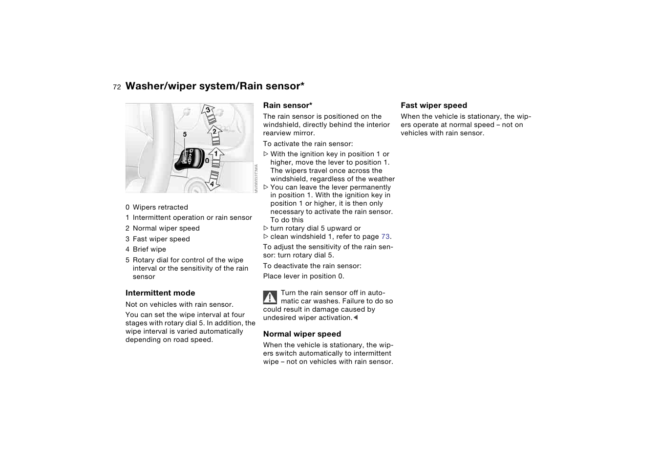 Washer/wiper system, Washer/wiper system/rain, Sensor | Washer/wiper system/rain sensor | BMW M3 Coupe 2006 User Manual | Page 72 / 170