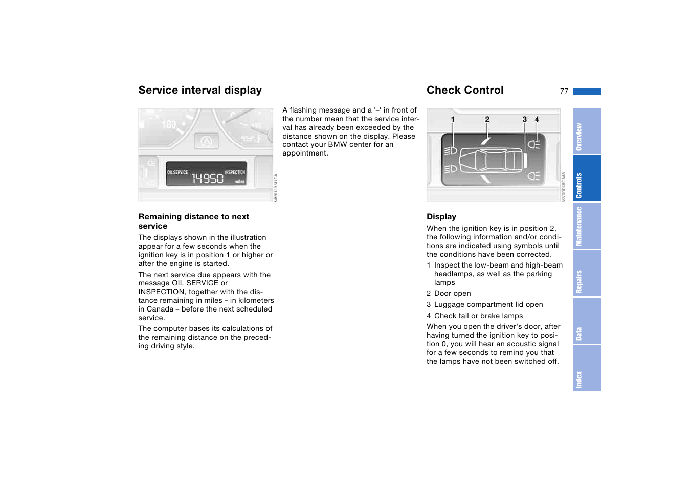 Service interval display, Check control, Service interval | BMW M3 Coupe 2006 User Manual | Page 77 / 170