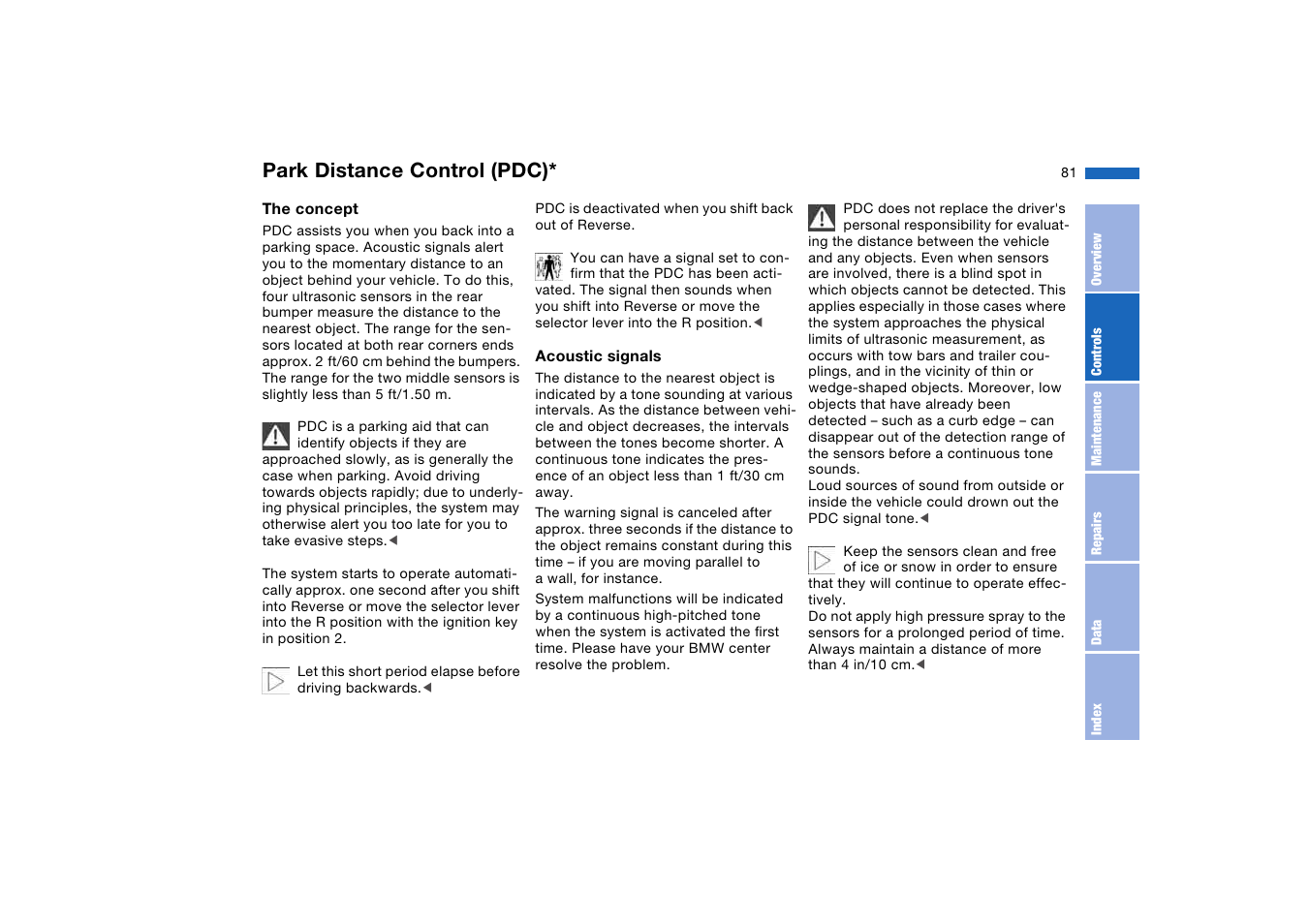 Technology for safety and driving convenience, Park distance control (pdc) | BMW M3 Coupe 2006 User Manual | Page 81 / 170