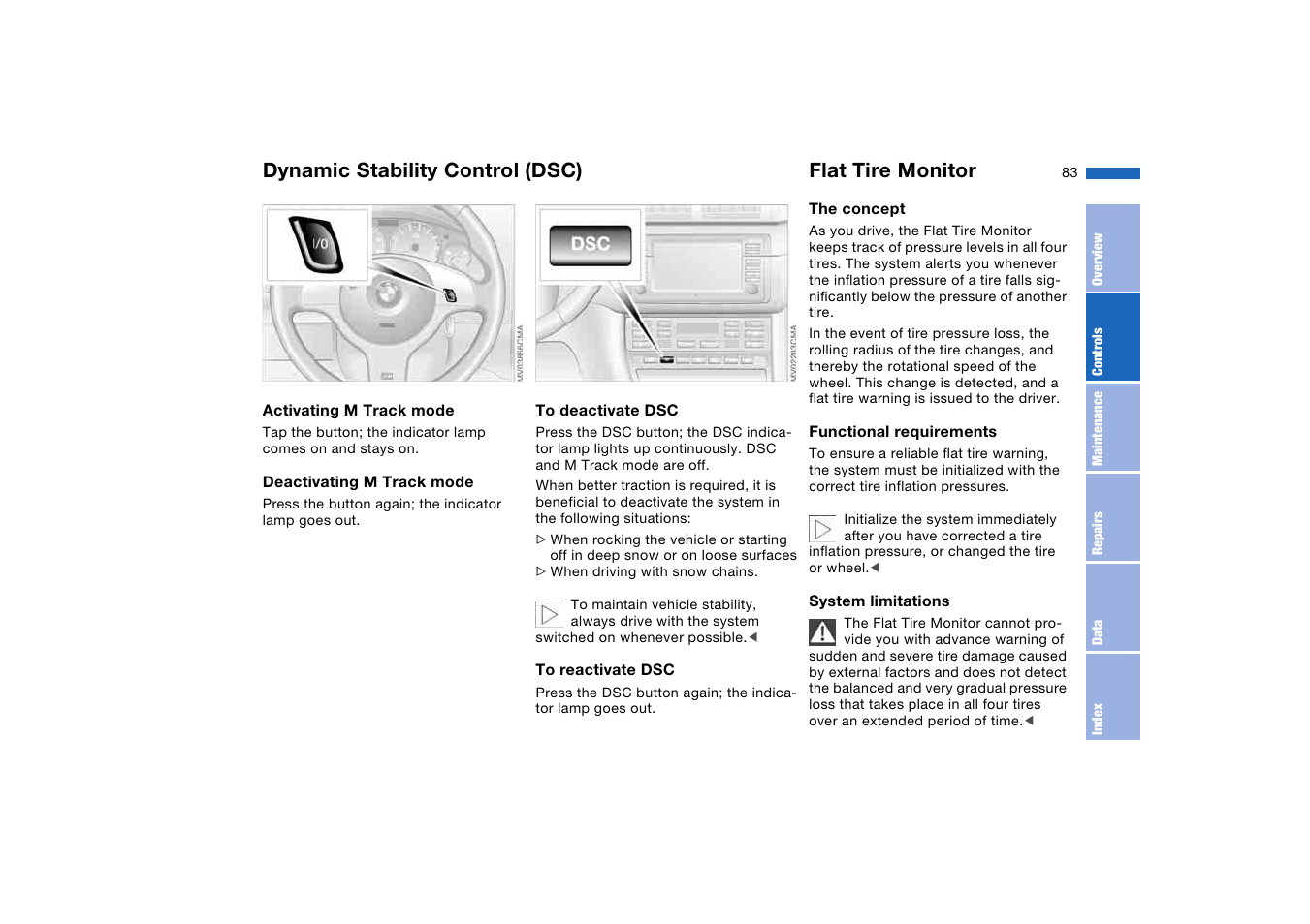 Flat tire monitor, Dynamic stability control (dsc) | BMW M3 Coupe 2006 User Manual | Page 83 / 170