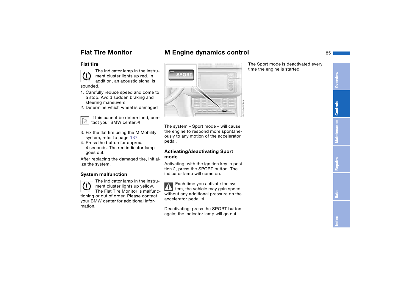 M engine dynamics control, Flat tire monitor | BMW M3 Coupe 2006 User Manual | Page 85 / 170
