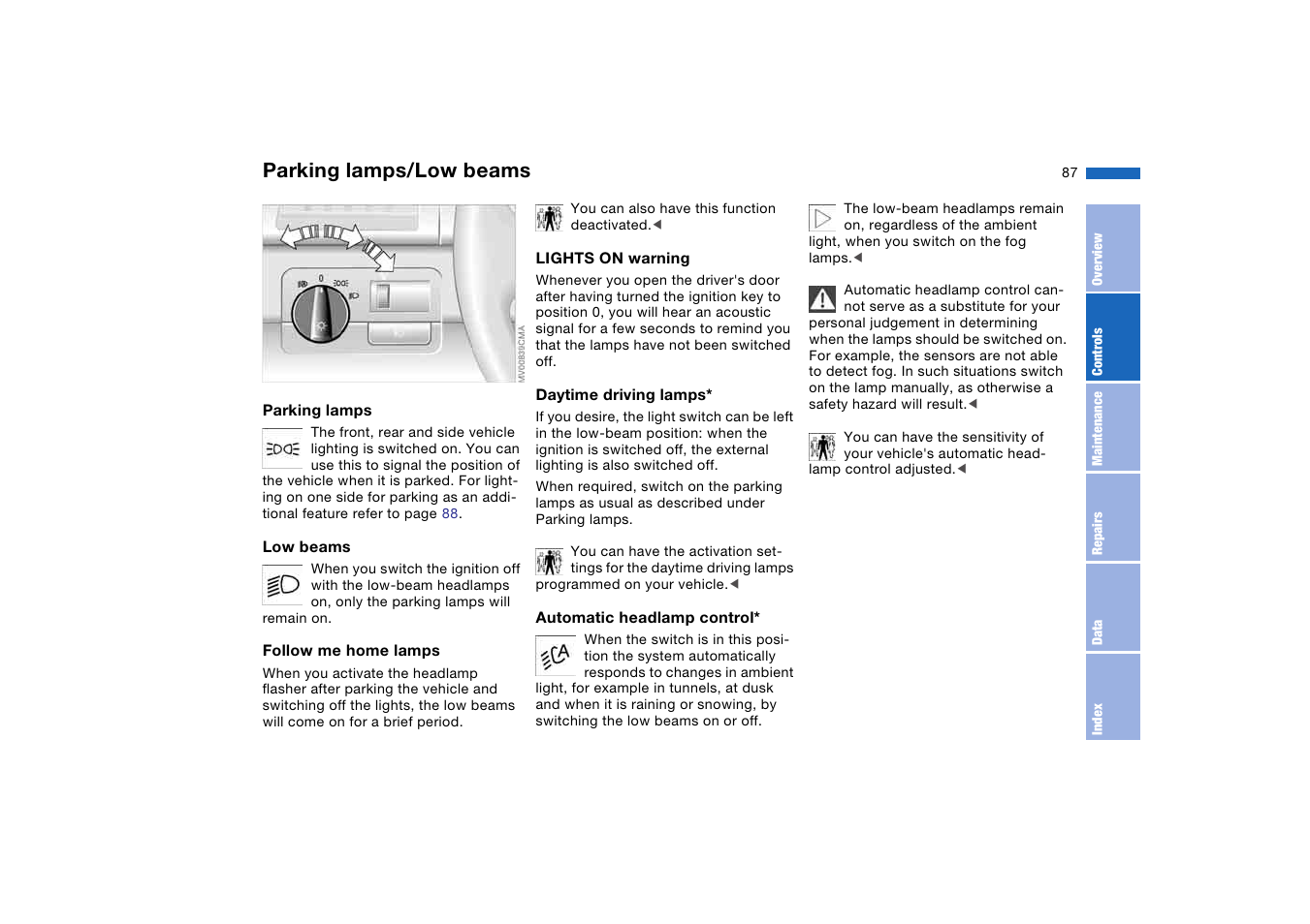 Lamps, Parking lamps/low beams | BMW M3 Coupe 2006 User Manual | Page 87 / 170