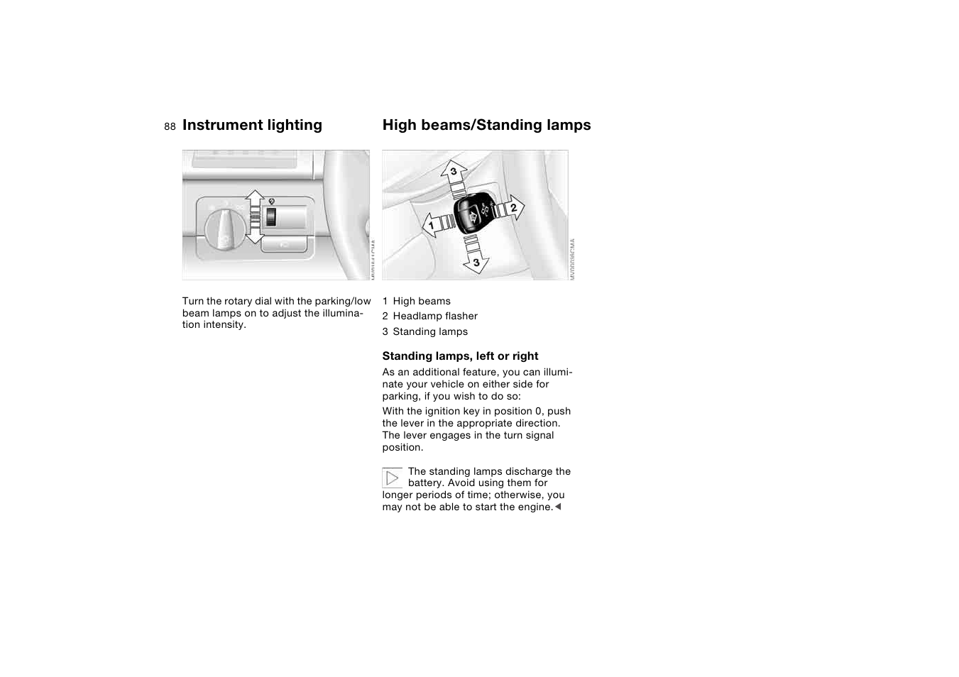 Instrument lighting, High beams/standing lamps | BMW M3 Coupe 2006 User Manual | Page 88 / 170