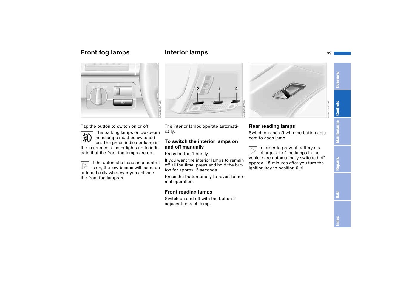 Front fog lamps, Interior lamps, Fog lamps | BMW M3 Coupe 2006 User Manual | Page 89 / 170