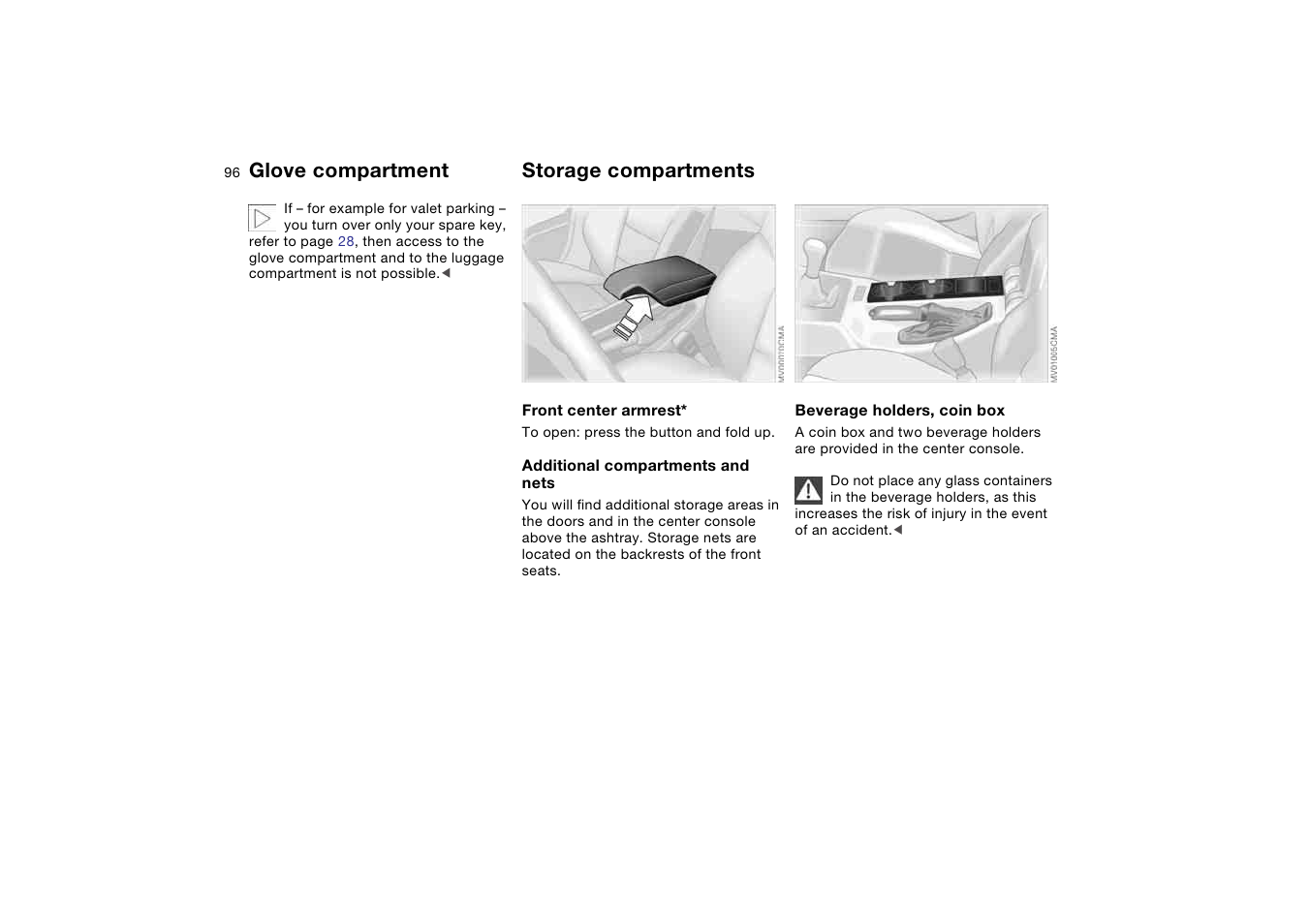 Storage compartments, Glove compartment | BMW M3 Coupe 2006 User Manual | Page 96 / 170