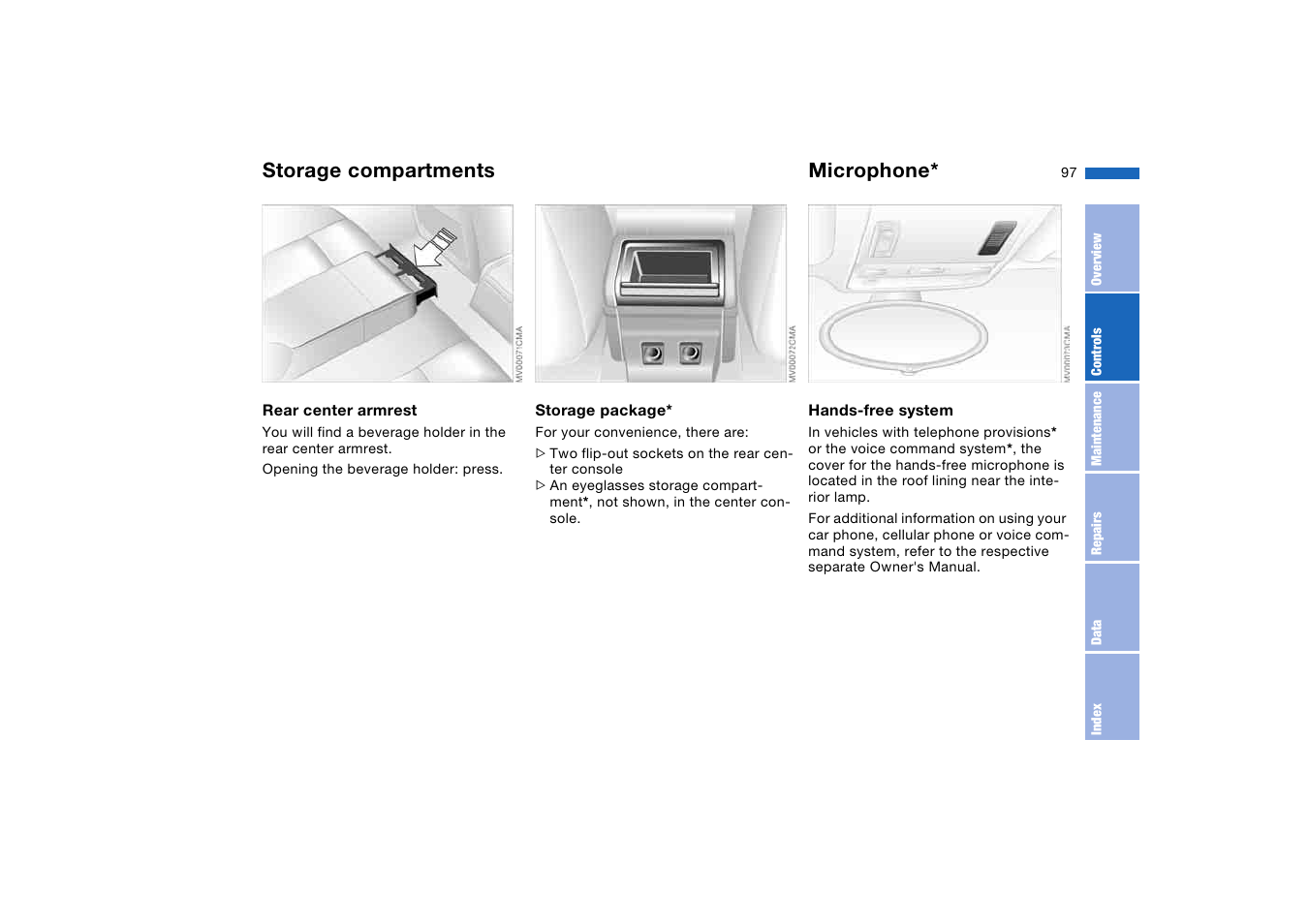 Microphone, Storage compartments | BMW M3 Coupe 2006 User Manual | Page 97 / 170