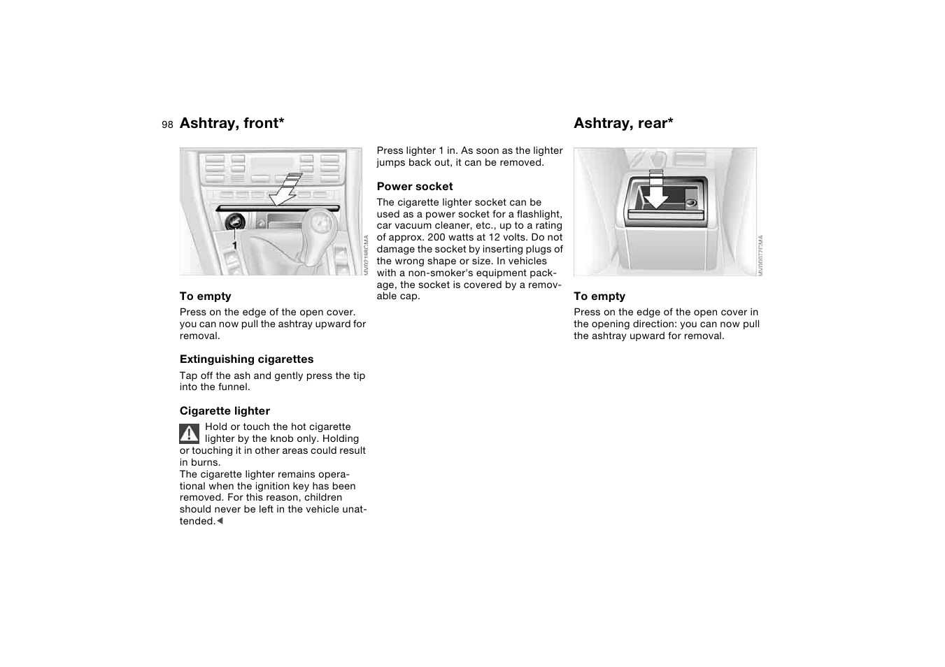 Ashtray, front, Ashtray, rear | BMW M3 Coupe 2006 User Manual | Page 98 / 170