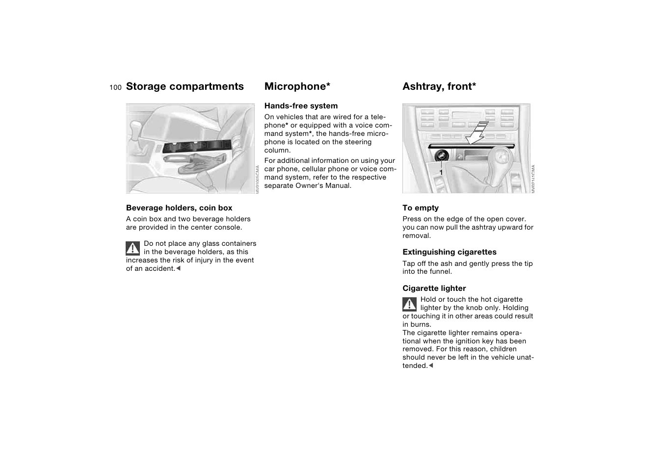 Microphone, Ashtray, front, Storage compartments | BMW M3 Convertible 2006 User Manual | Page 100 / 174