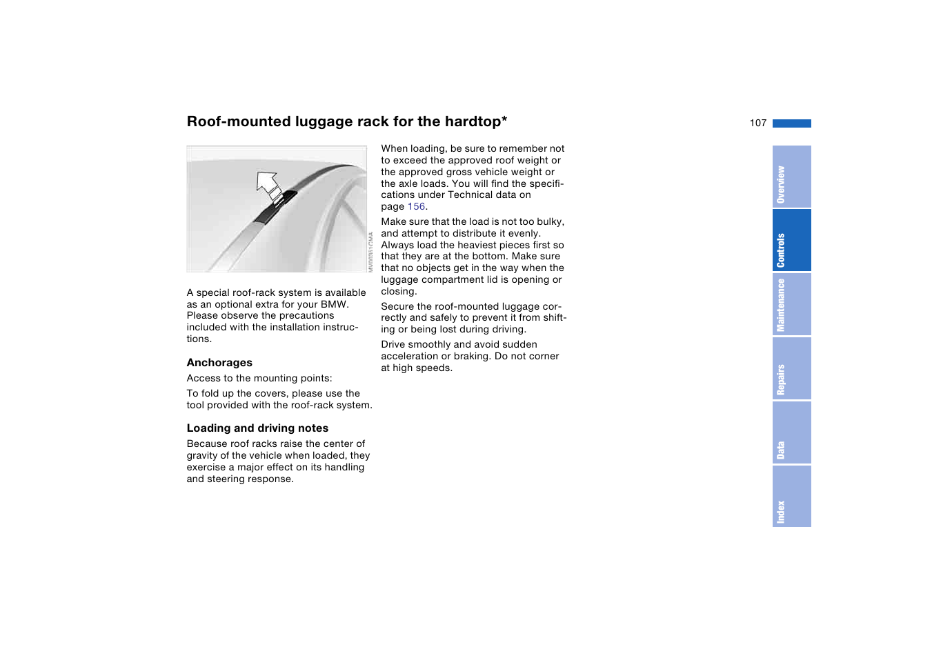 Roof-mounted luggage rack for the, Roof-mounted luggage rack for, The hardtop | Roof-mounted luggage rack for the hardtop | BMW M3 Convertible 2006 User Manual | Page 107 / 174