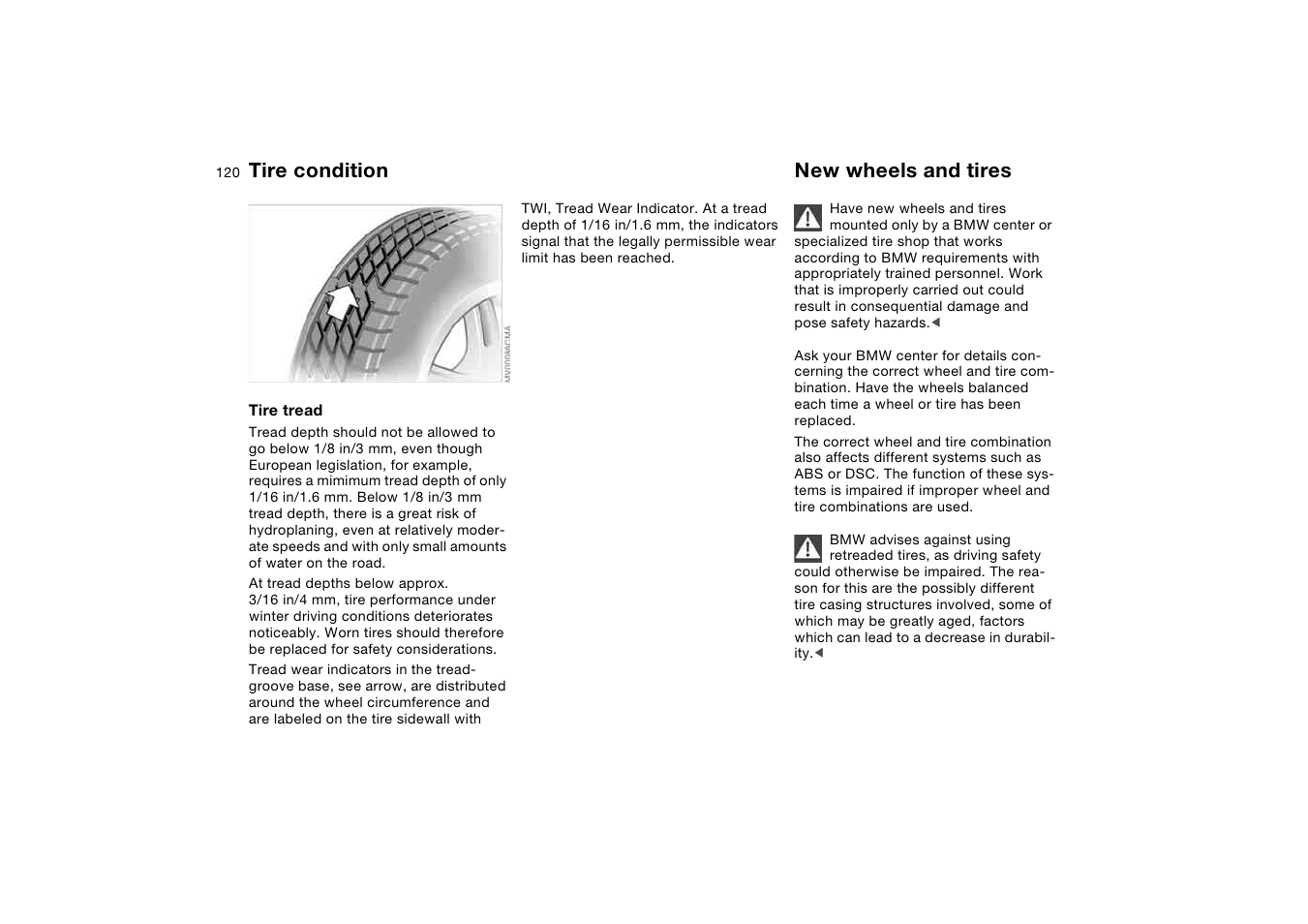 New wheels and tires, Tire condition | BMW M3 Convertible 2006 User Manual | Page 120 / 174