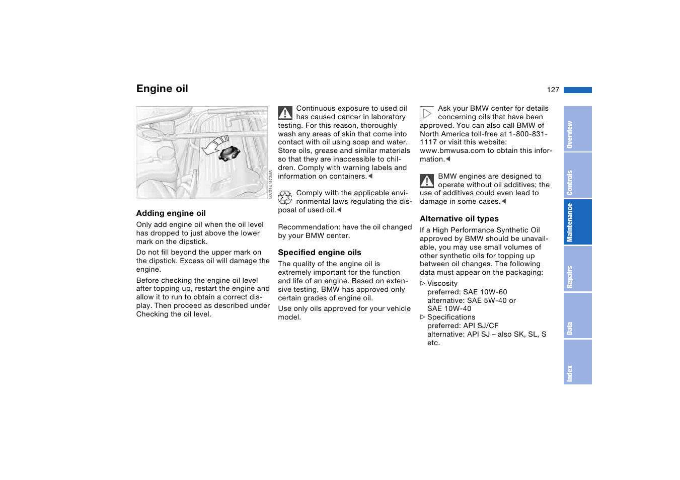 Engine oil filler neck, Engine oil | BMW M3 Convertible 2006 User Manual | Page 127 / 174