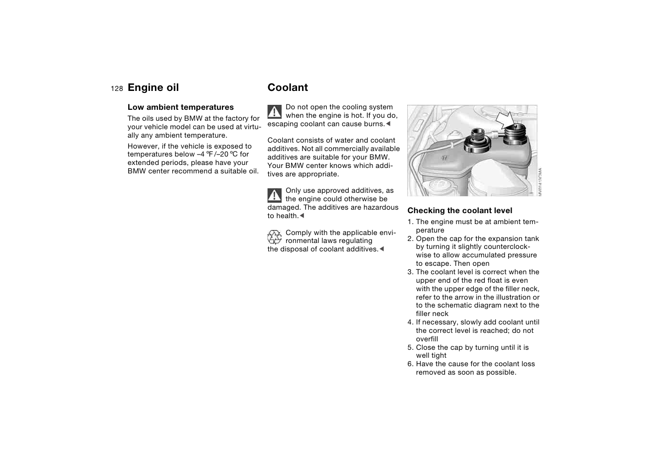 Coolant, Engine oil | BMW M3 Convertible 2006 User Manual | Page 128 / 174
